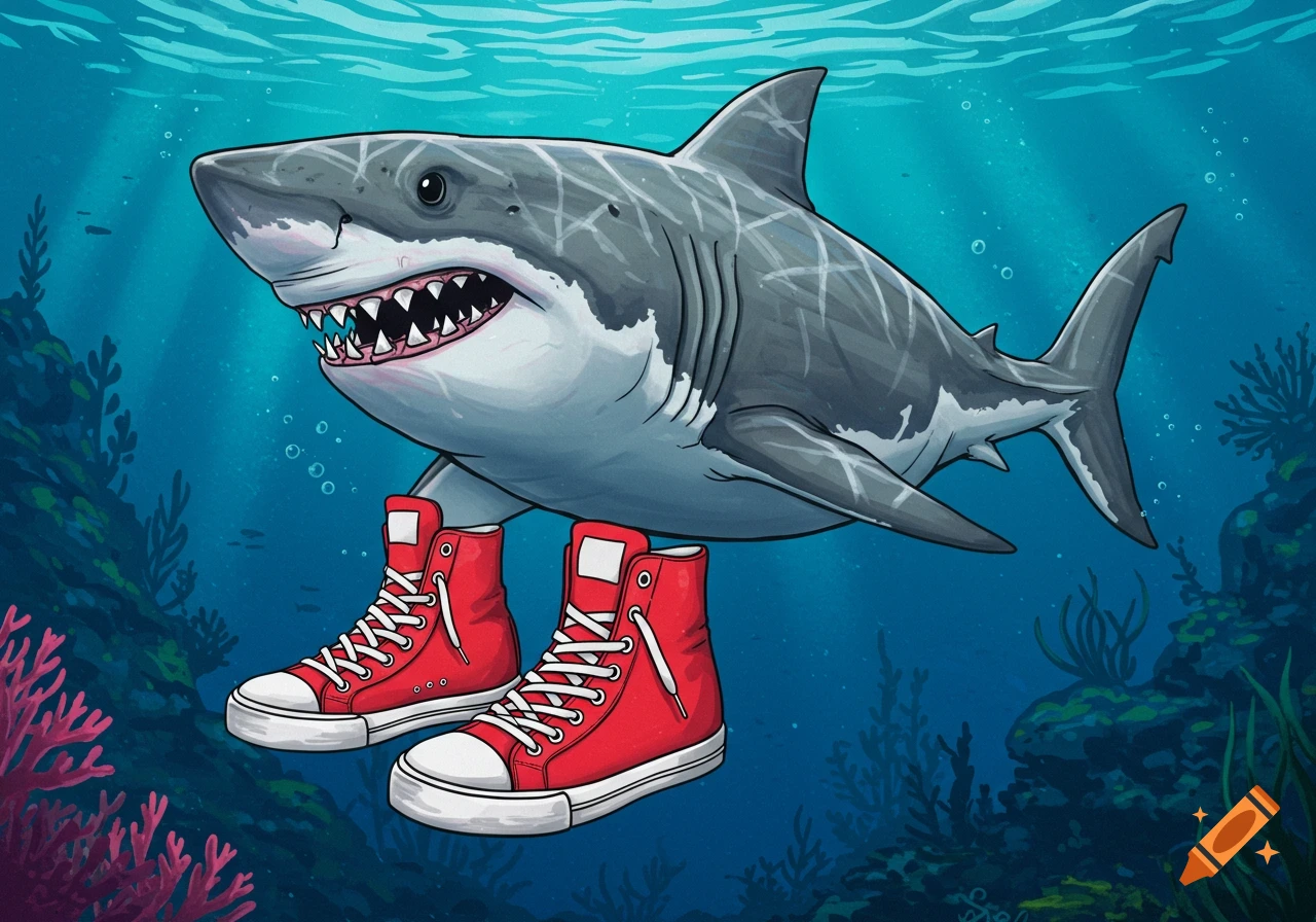 A cartoon illustration of a shark wearing red high-top sneakers while swimming underwater.