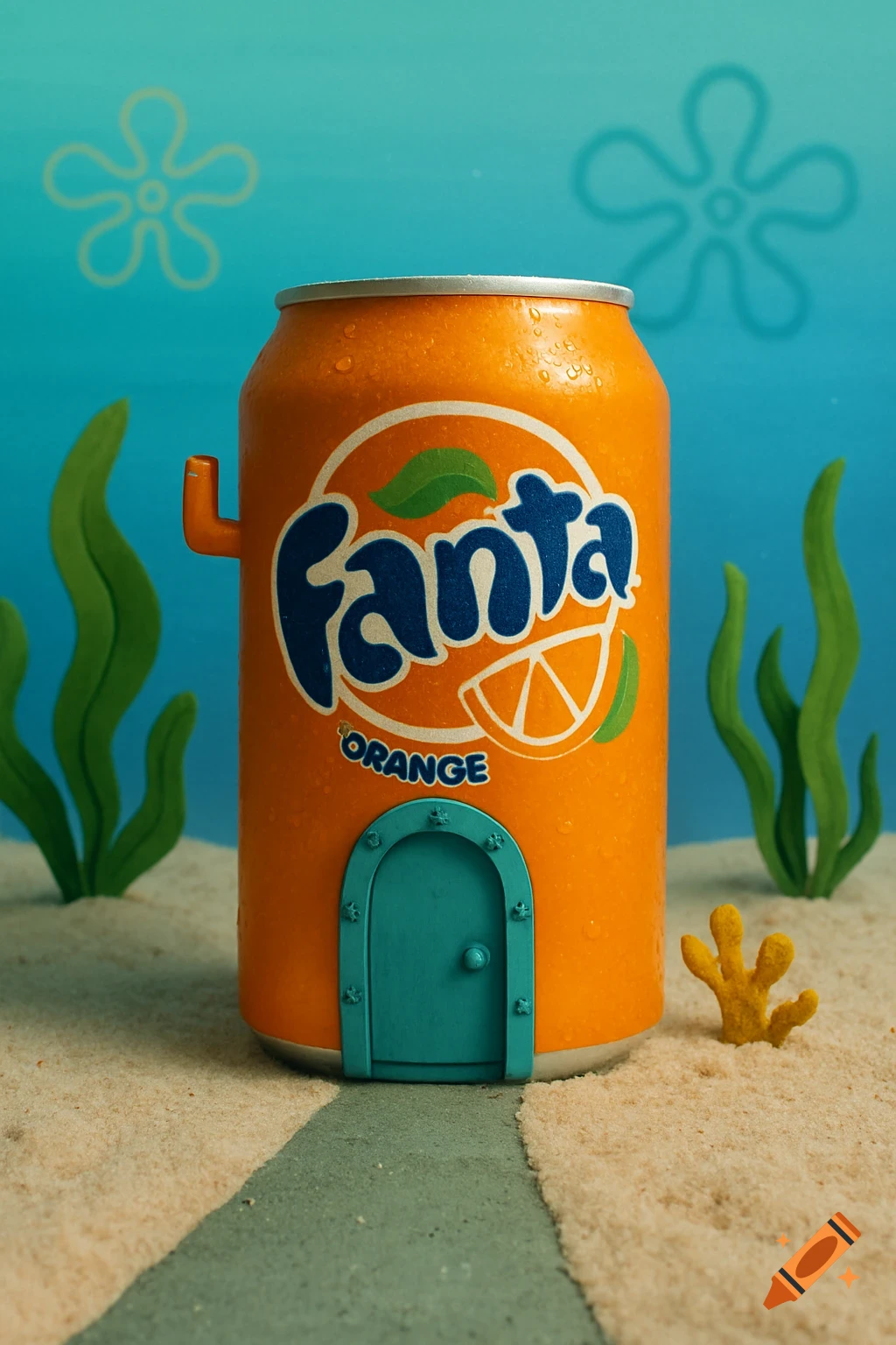 A Fanta can transformed into a house on the sandy ocean floor with seaweed and starfish.