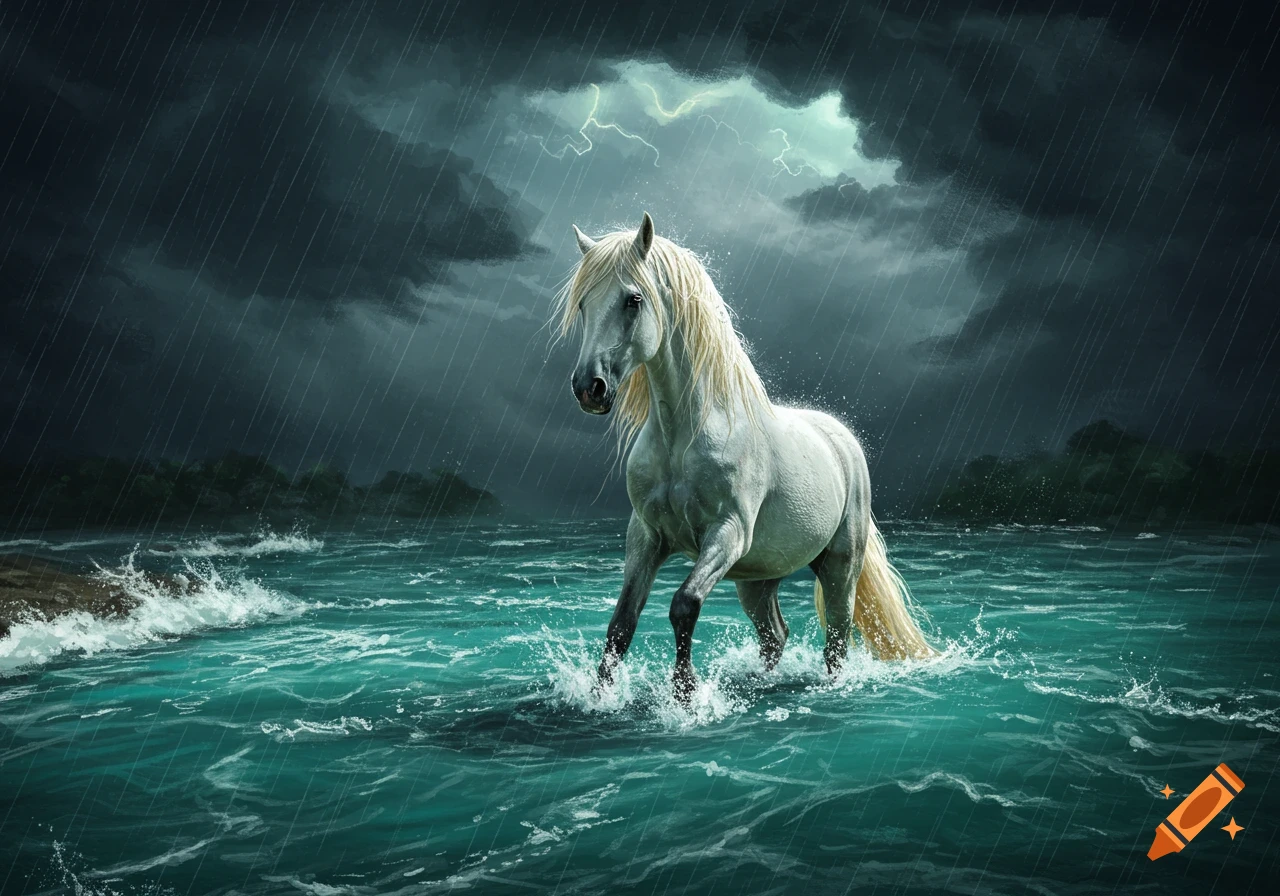 A white horse wades in stormy water with rain and lightning.