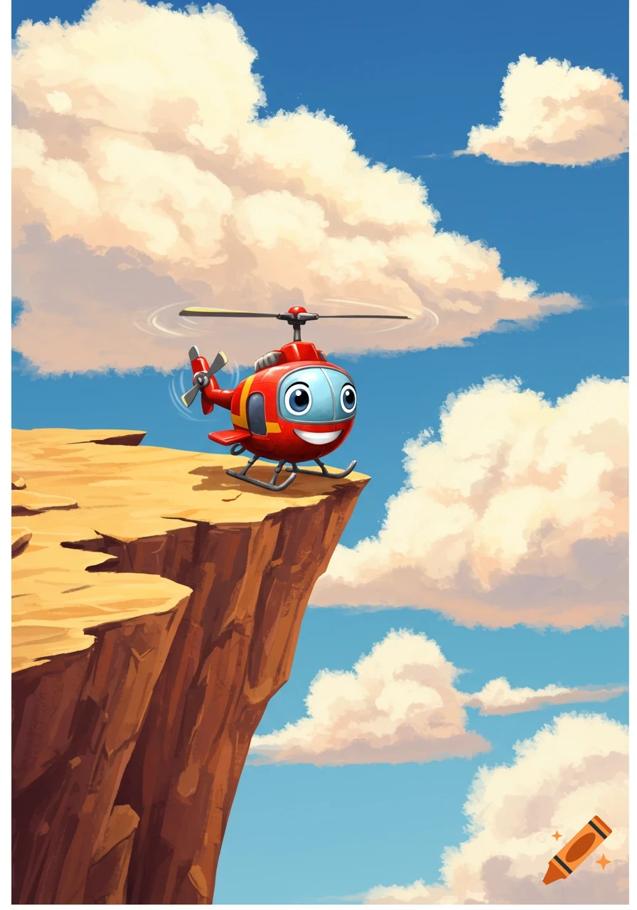 A smiling cartoon red helicopter sits on the edge of a cliff overlooking a blue sky with fluffy clouds.