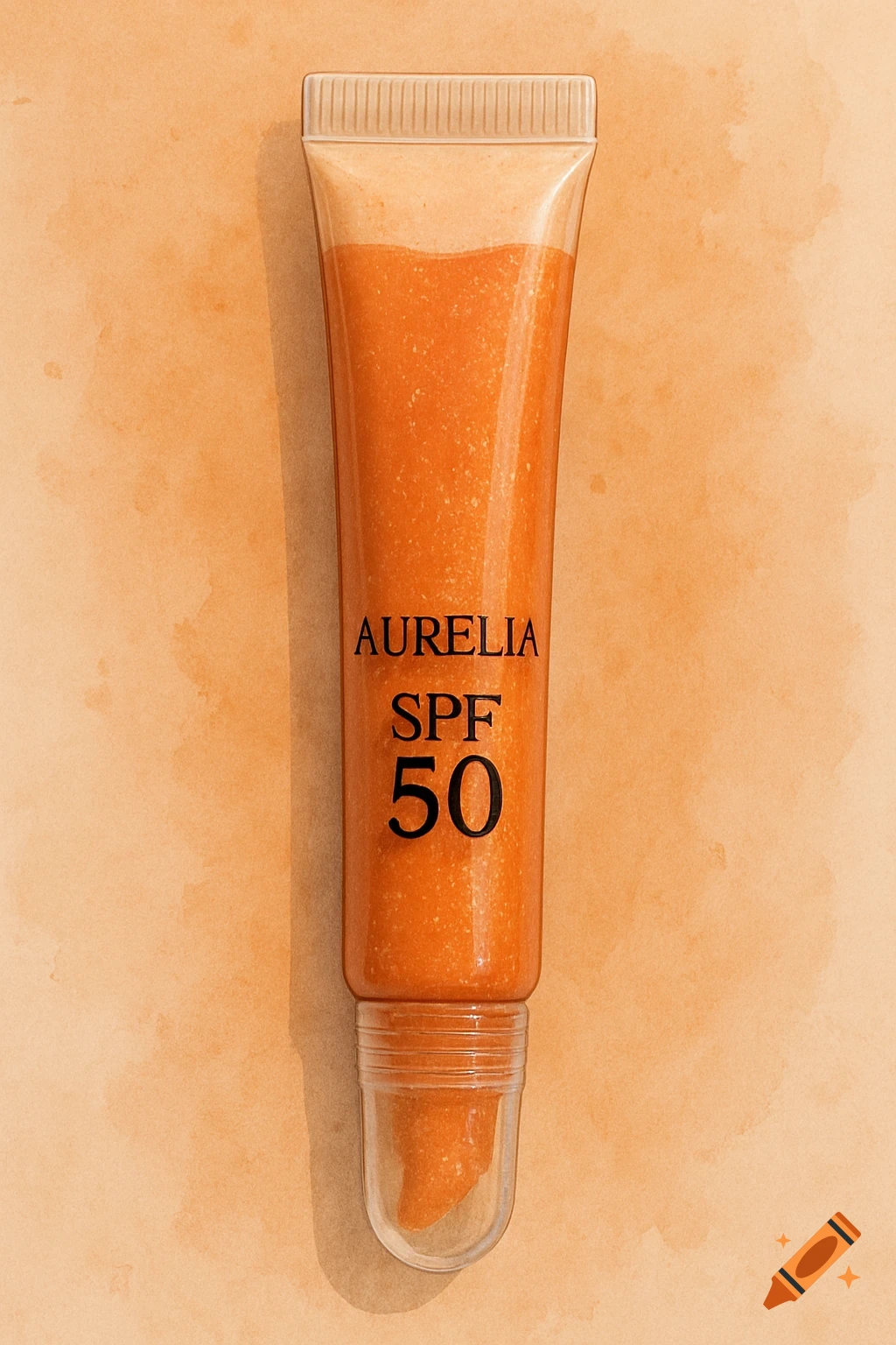 Tube of orange lip gloss with SPF 50 on an orange background.