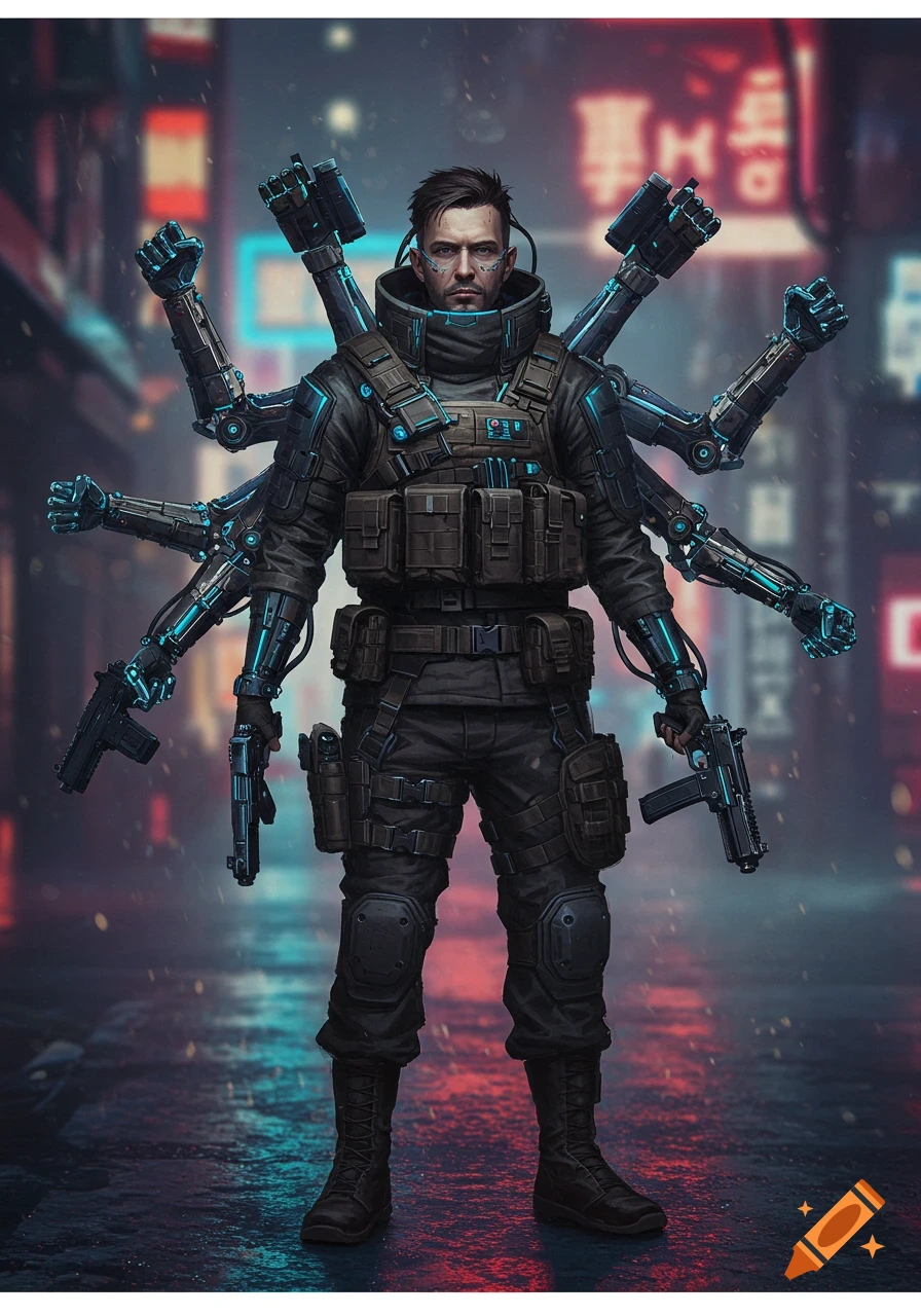 Cyberpunk soldier with multiple mechanical arms and guns in a rainy city street
