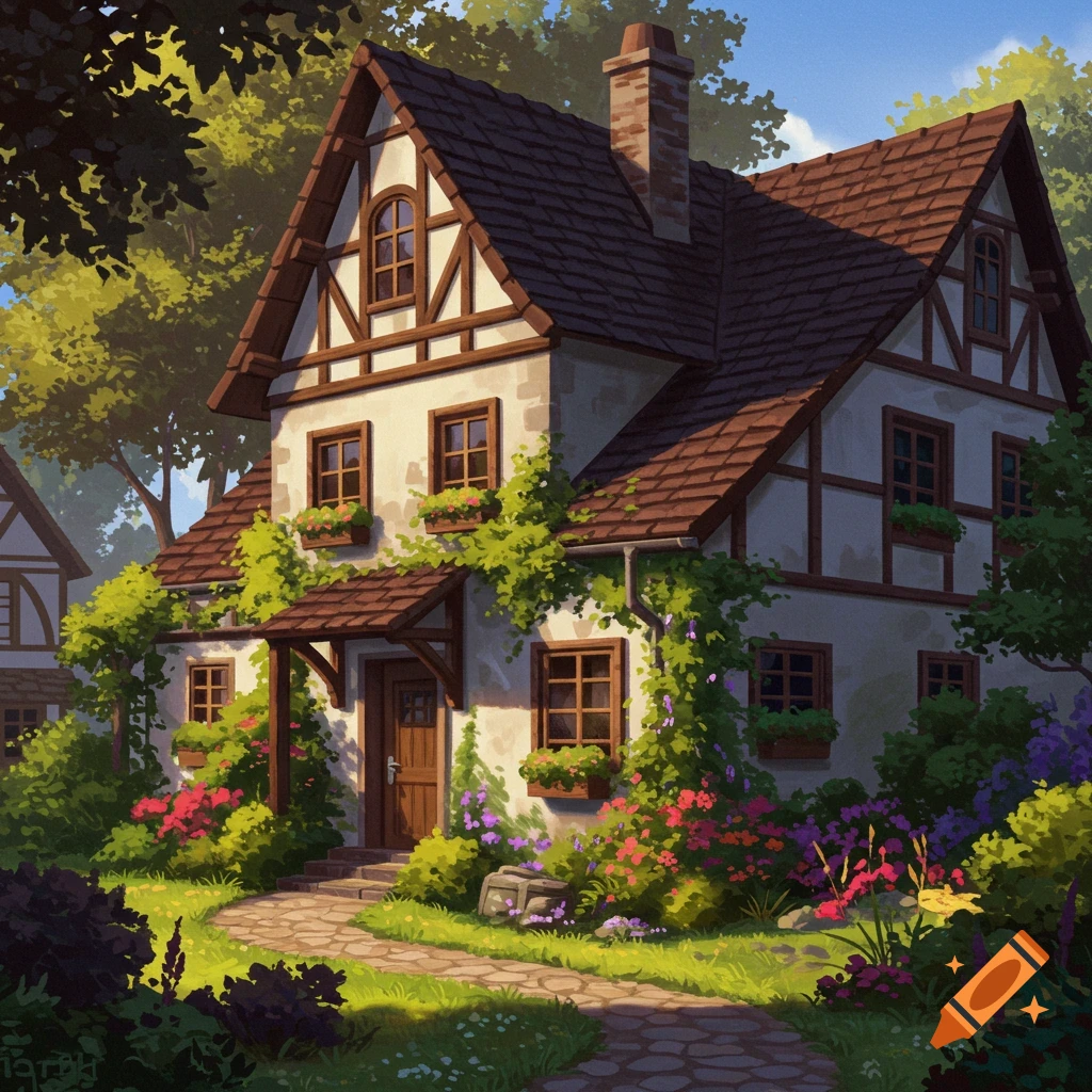 Illustrative cottage with climbing vines and a vibrant garden