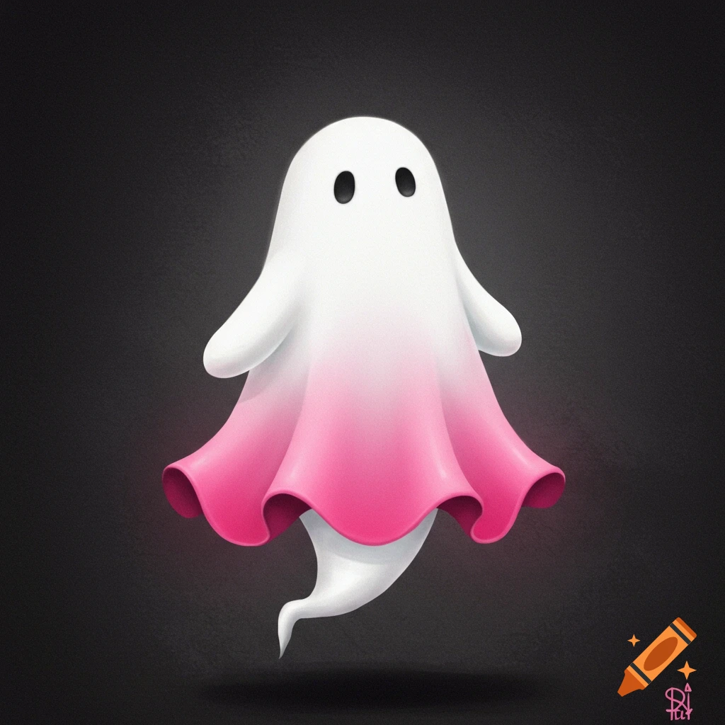 A white ghost with a pink skirt floats against a dark background.