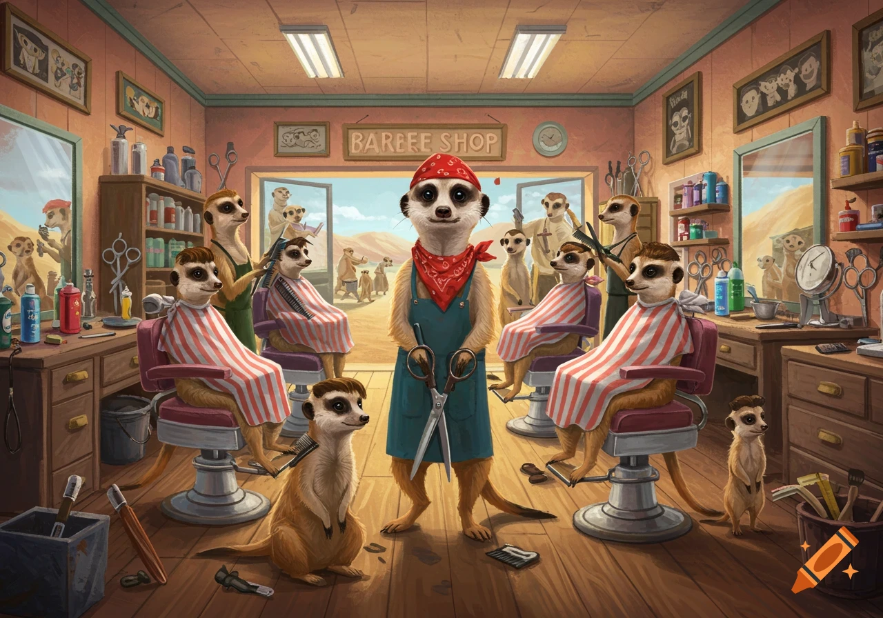 Meerkats work and get haircuts in a busy barbershop setting.