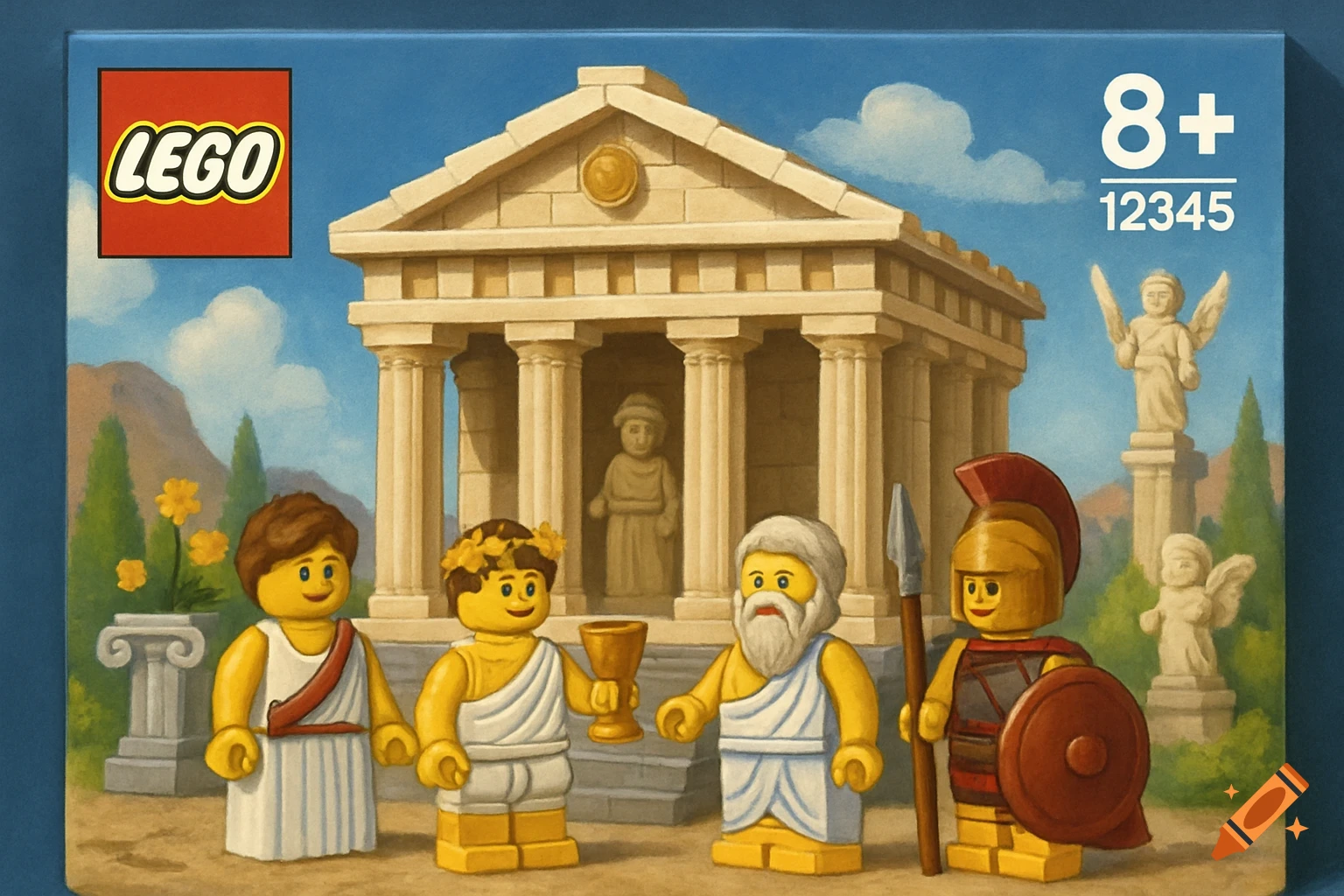 Lego set box with Greek figures in front of a temple