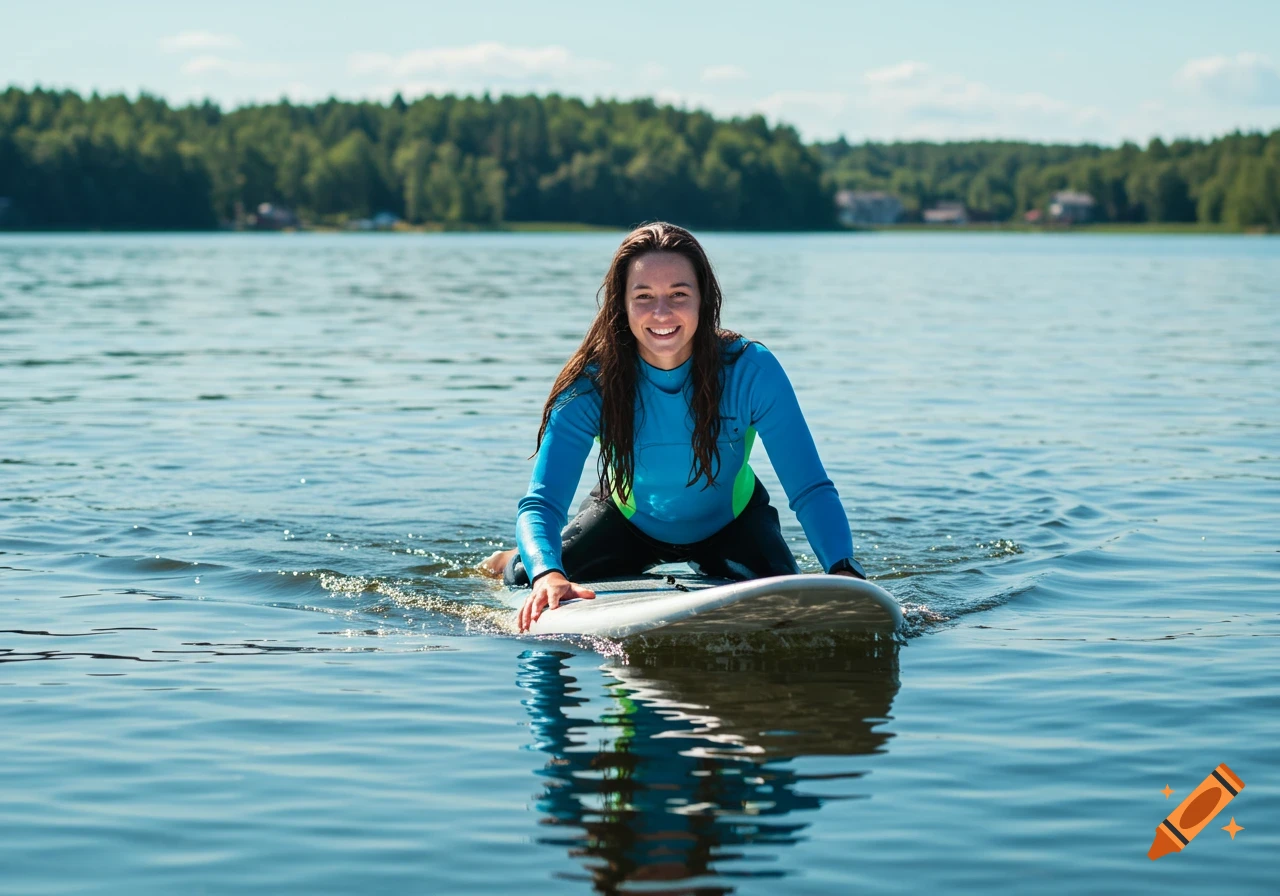 A woman in a blue wetsuit paddling on a surfboard in a lake.