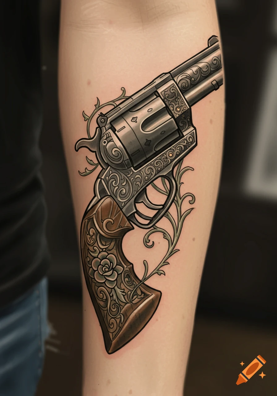 Illustration of a detailed revolver tattoo on an arm, with floral engravings.