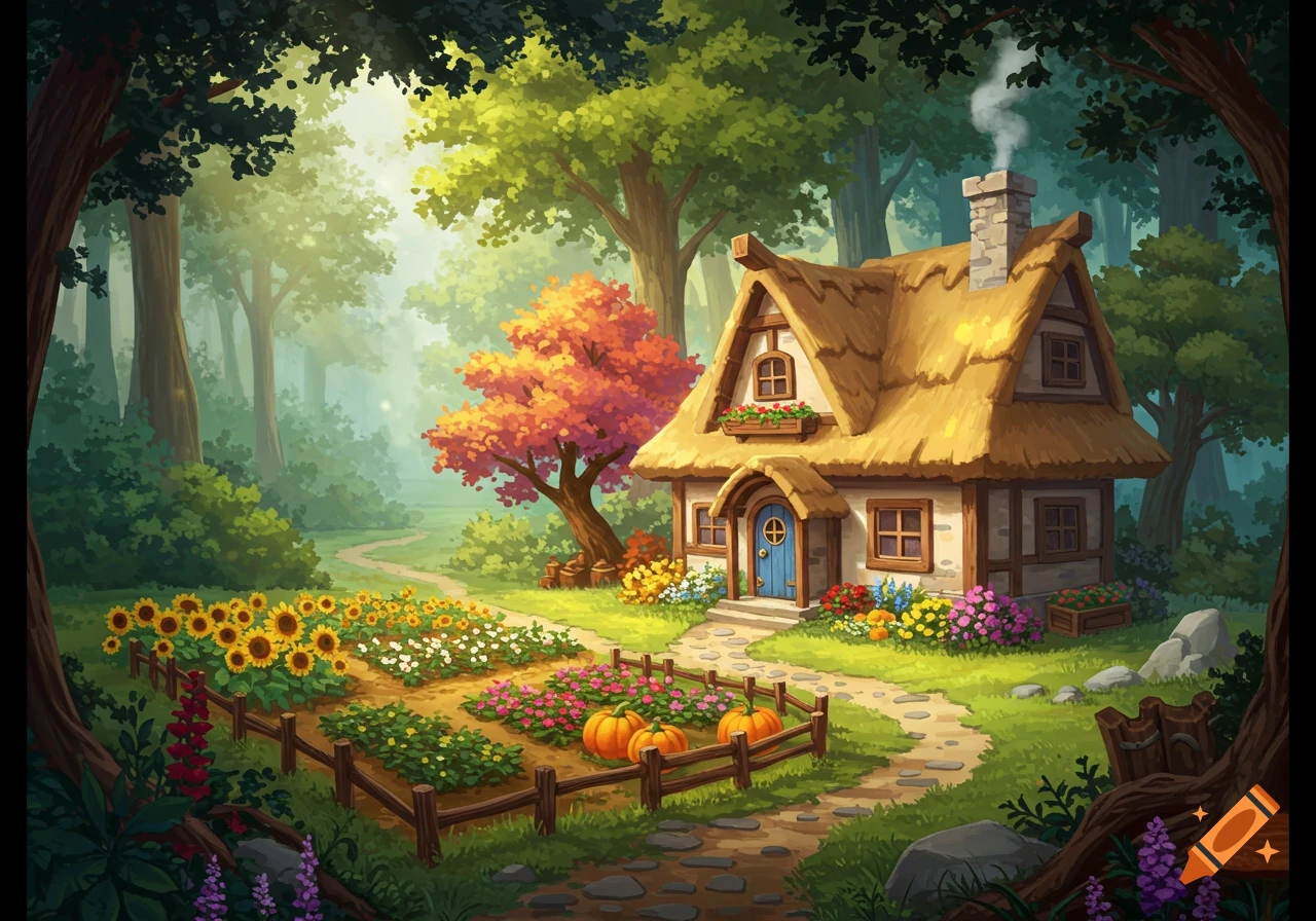 A cozy thatched-roof fantasy cottage with a garden, path, and vibrant trees in a sunny forest clearing.