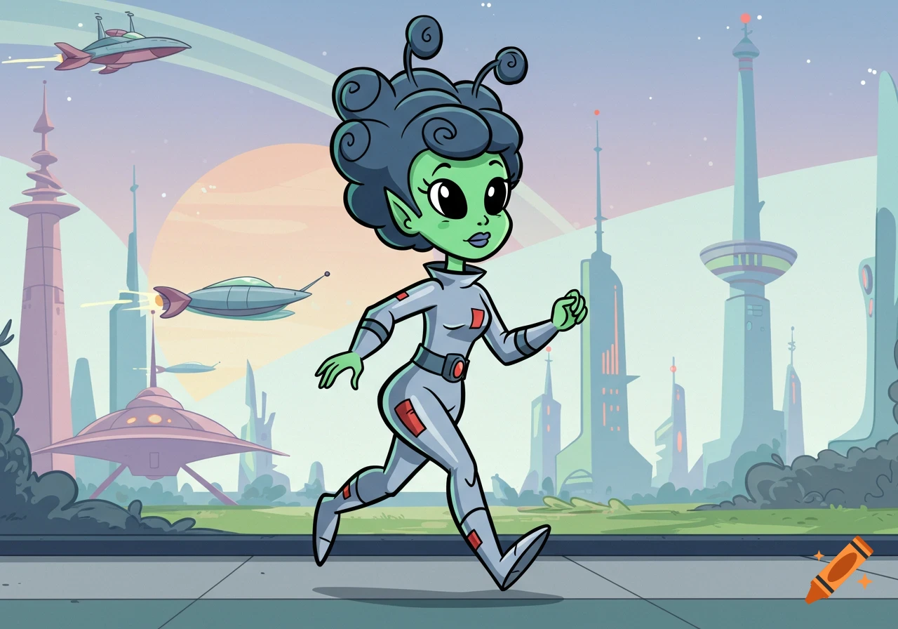 Cartoon alien woman running on sidewalk in retro sci-fi city with spaceships in sky.
