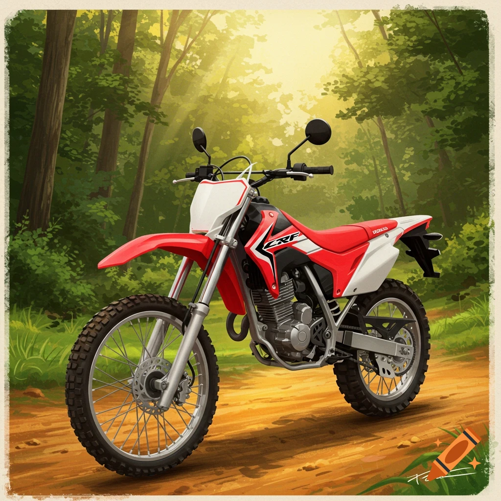 A red and white Honda CRF dirt bike on a dirt trail in a sunlit forest.