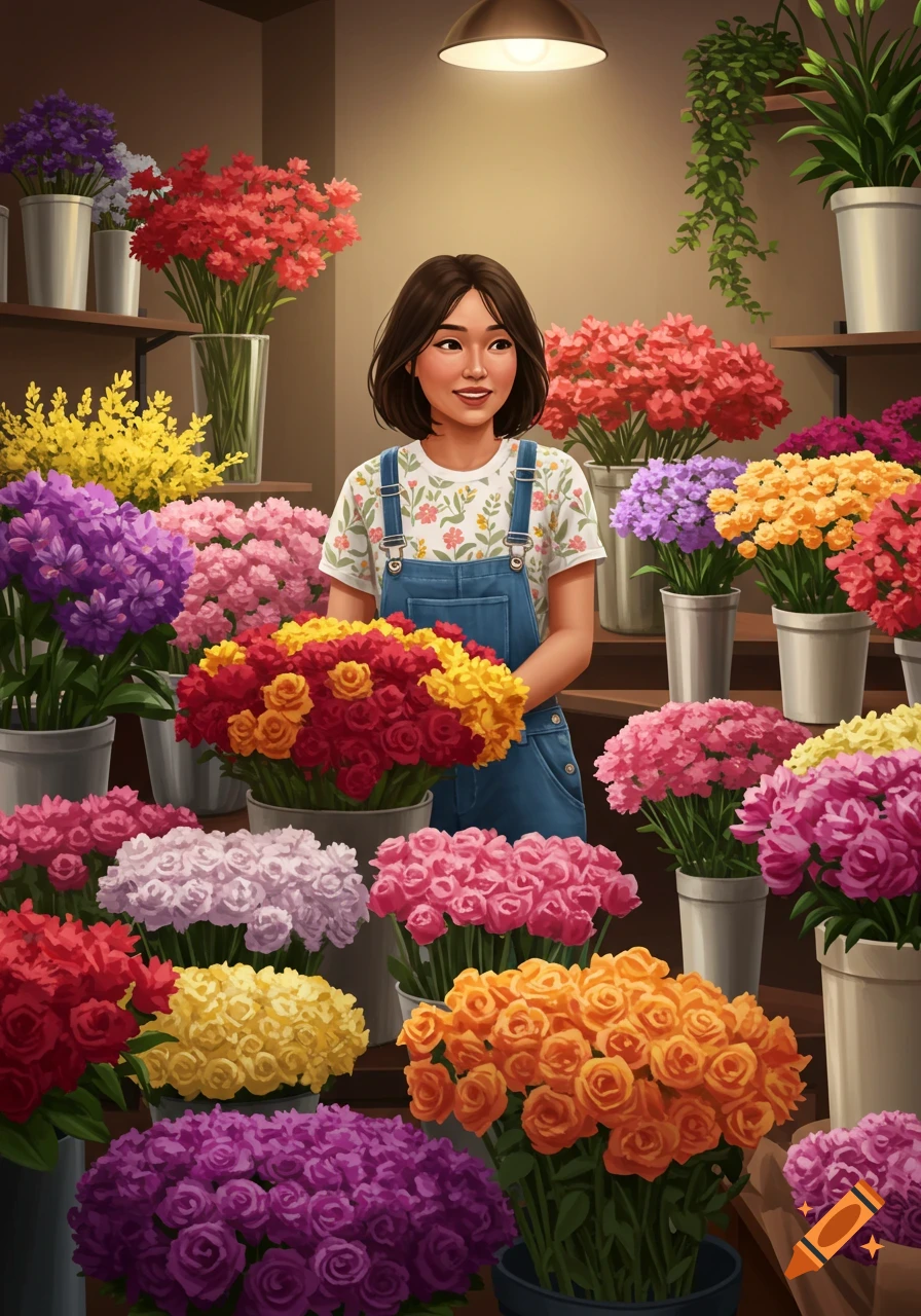 A woman smiles among colorful flowers in a flower shop