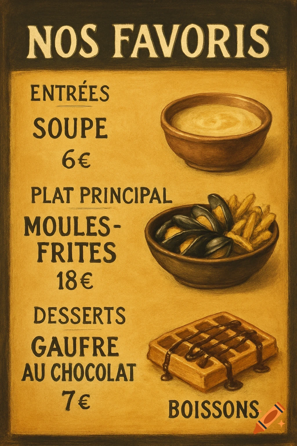 Illustrated menu board with soup, mussels and fries, and a waffle with chocolate sauce listed with prices.