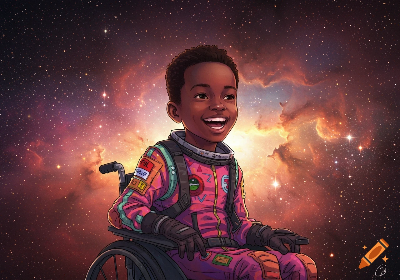 Illustration of a young Black boy in a wheelchair wearing a pink astronaut suit smiling in space.