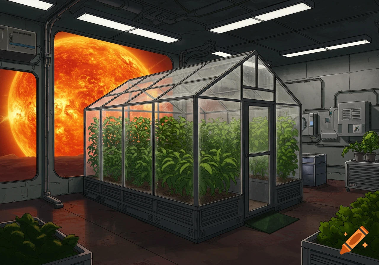 Digital illustration of a greenhouse filled with plants inside a futuristic base, looking out at a giant fiery sun.