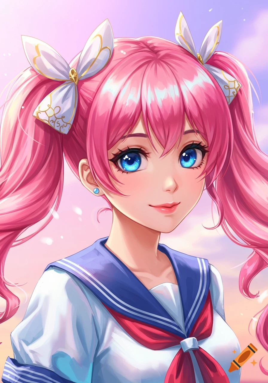 An anime girl portrait with pink hair in pigtails, blue eyes, wearing a ...