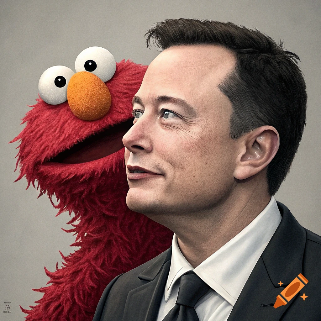 Photorealistic portrait merging Elon Musk's face with the Elmo character.
