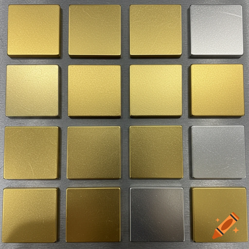 A grid of gold and silver metallic squares on a brushed surface.