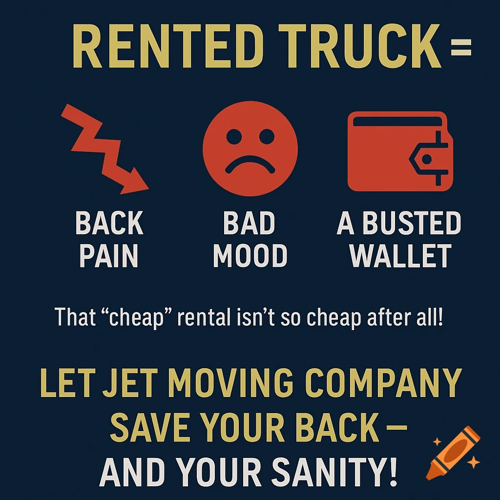 Graphic lists downsides of renting a truck: back pain, bad mood, busted wallet, recommending a moving company.