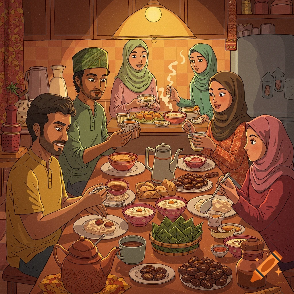 An illustration of a family eating a meal together around a table filled with food.