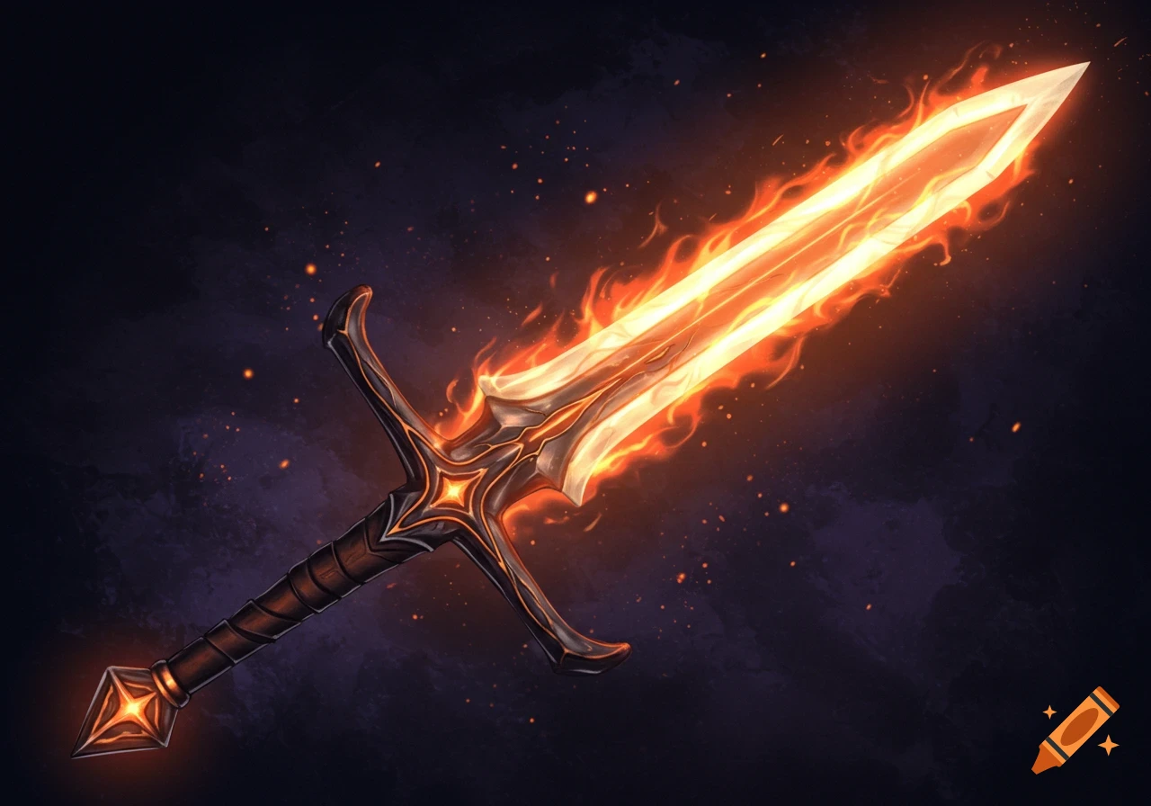 A glowing fantasy sword wreathed in fire on a dark background.