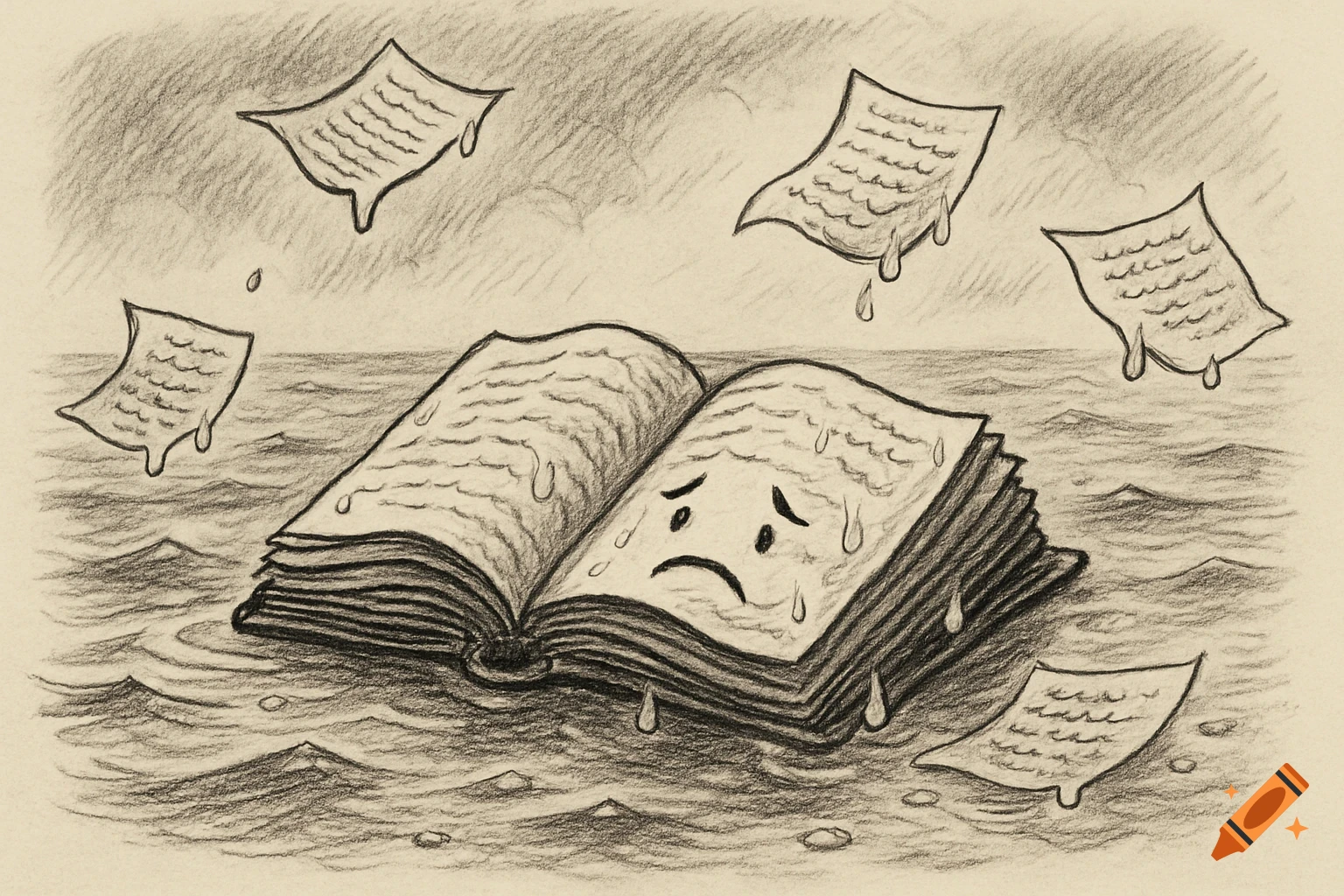 Pencil drawing of a sad open book floating in the sea with pages floating away.