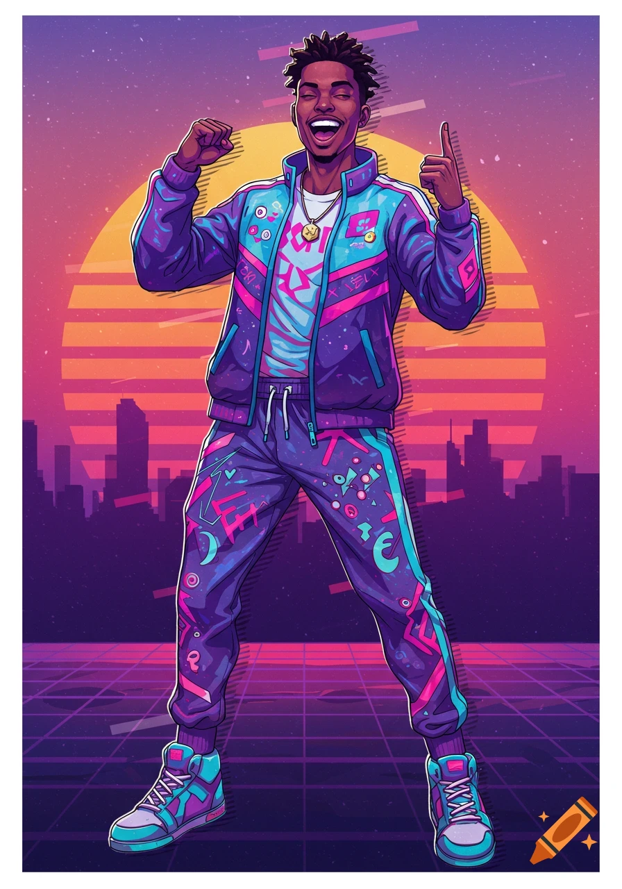 Illustration of a man in a vibrant purple and teal 80s retro tracksuit, standing against a synthwave sunset and city skyline.