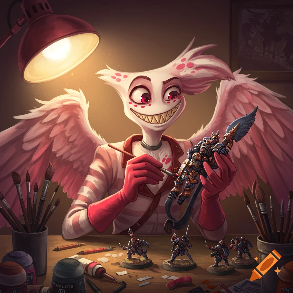 Illustration of Angel Dust from Hazbin Hotel painting miniature figures at a desk under a lamp.