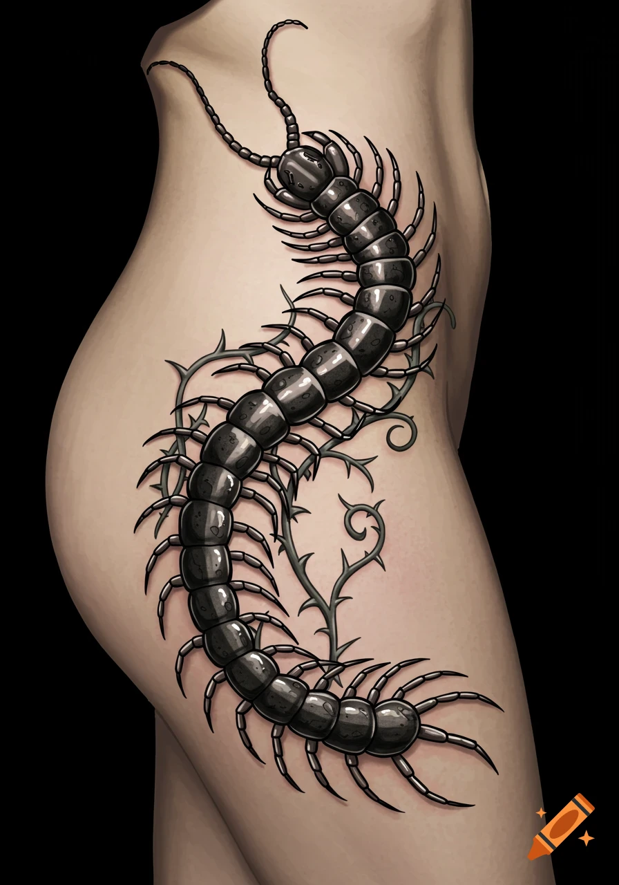 Gothic black centipede tattoo on a hip.