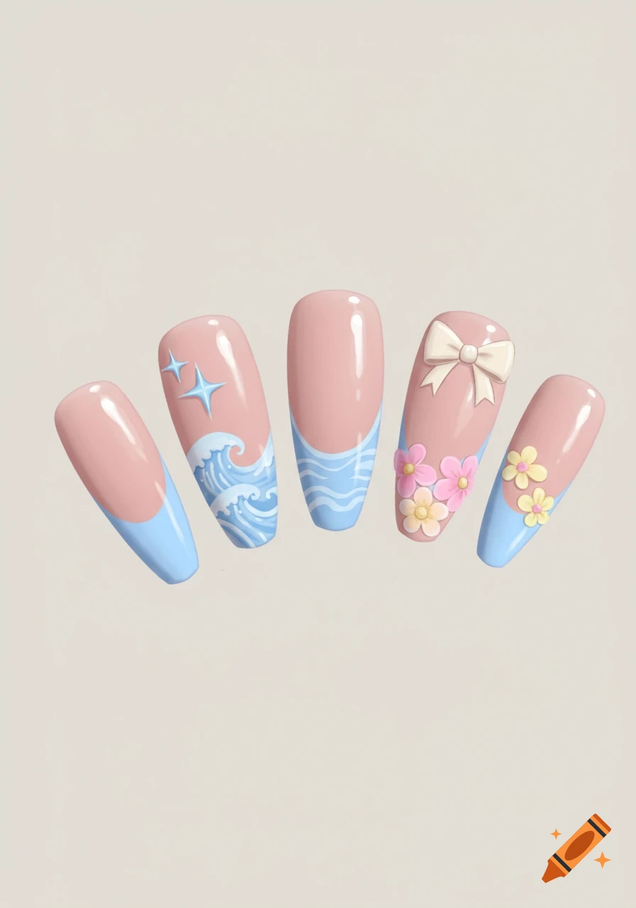 Five pastel pink false nails with blue French tips and various designs: waves, stars, a bow, and flowers.