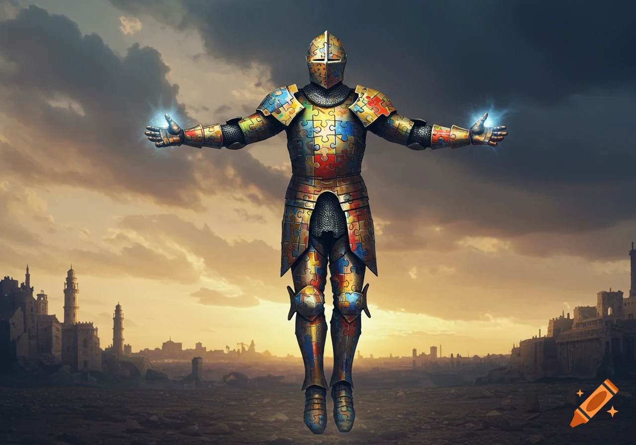 A knight in puzzle piece armor floats with arms outstretched over a ruined city at sunset, hands glowing.