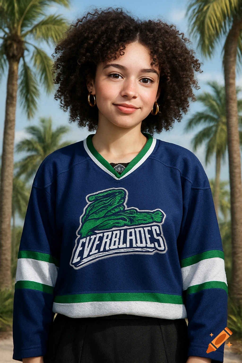 A young woman with curly hair wears a navy blue hockey jersey with a green alligator logo and text, standing in front of palm trees.