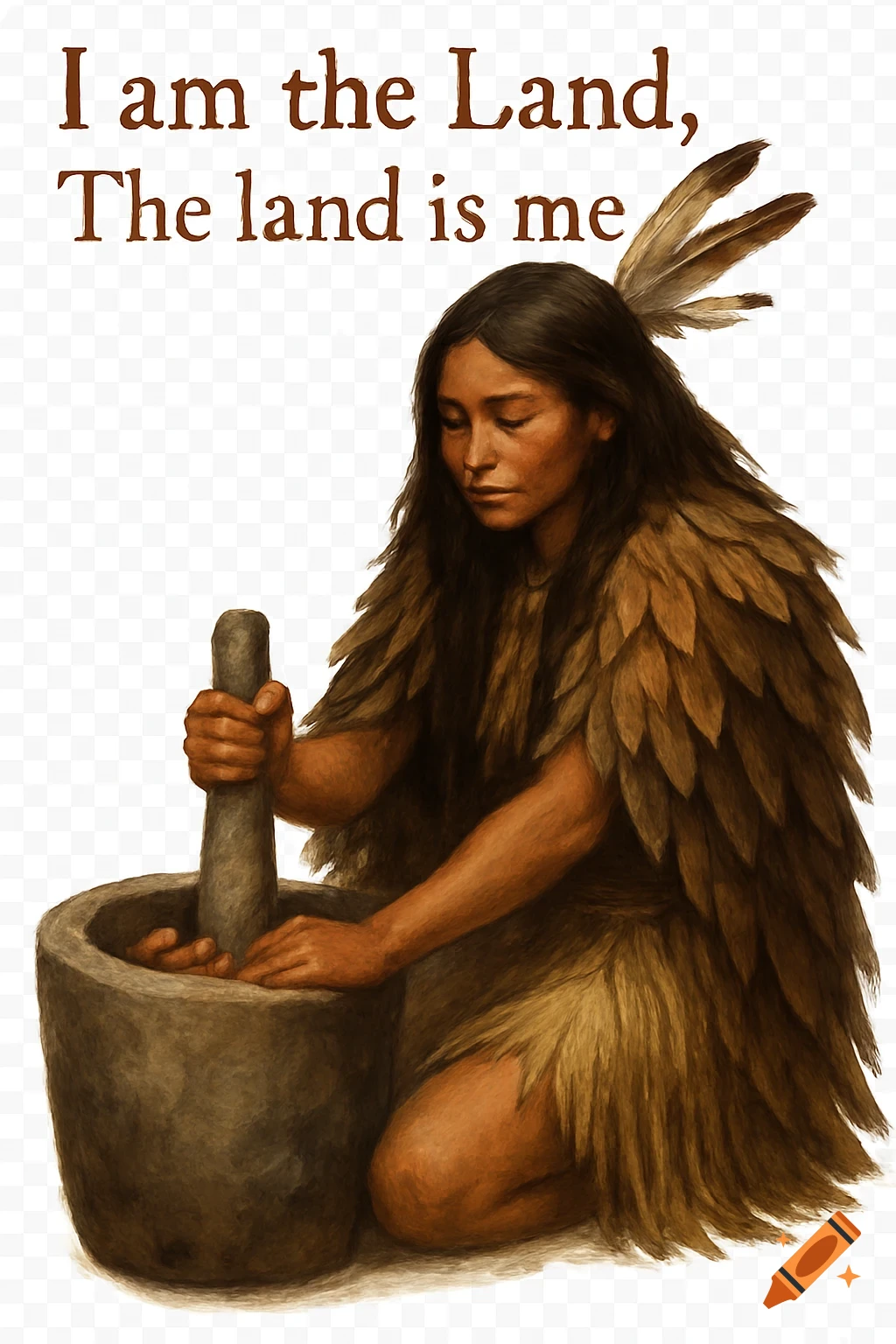 Native woman grinding acorns in a mortar, wearing a feathered cloak, with text 'I am the Land, The land is me.'