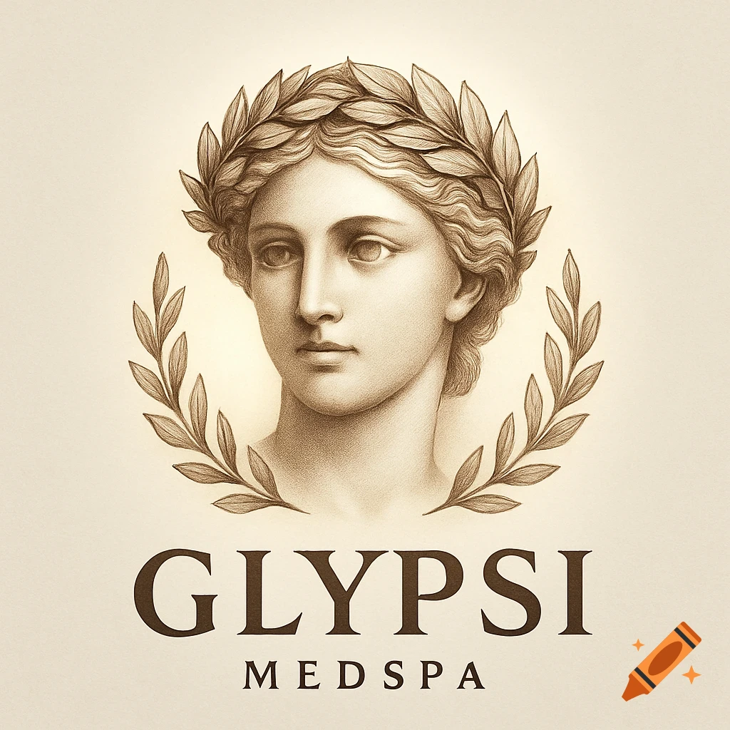 Sketch-style logo of a classical bust with a laurel wreath and text GLYPSI MEDSPA.