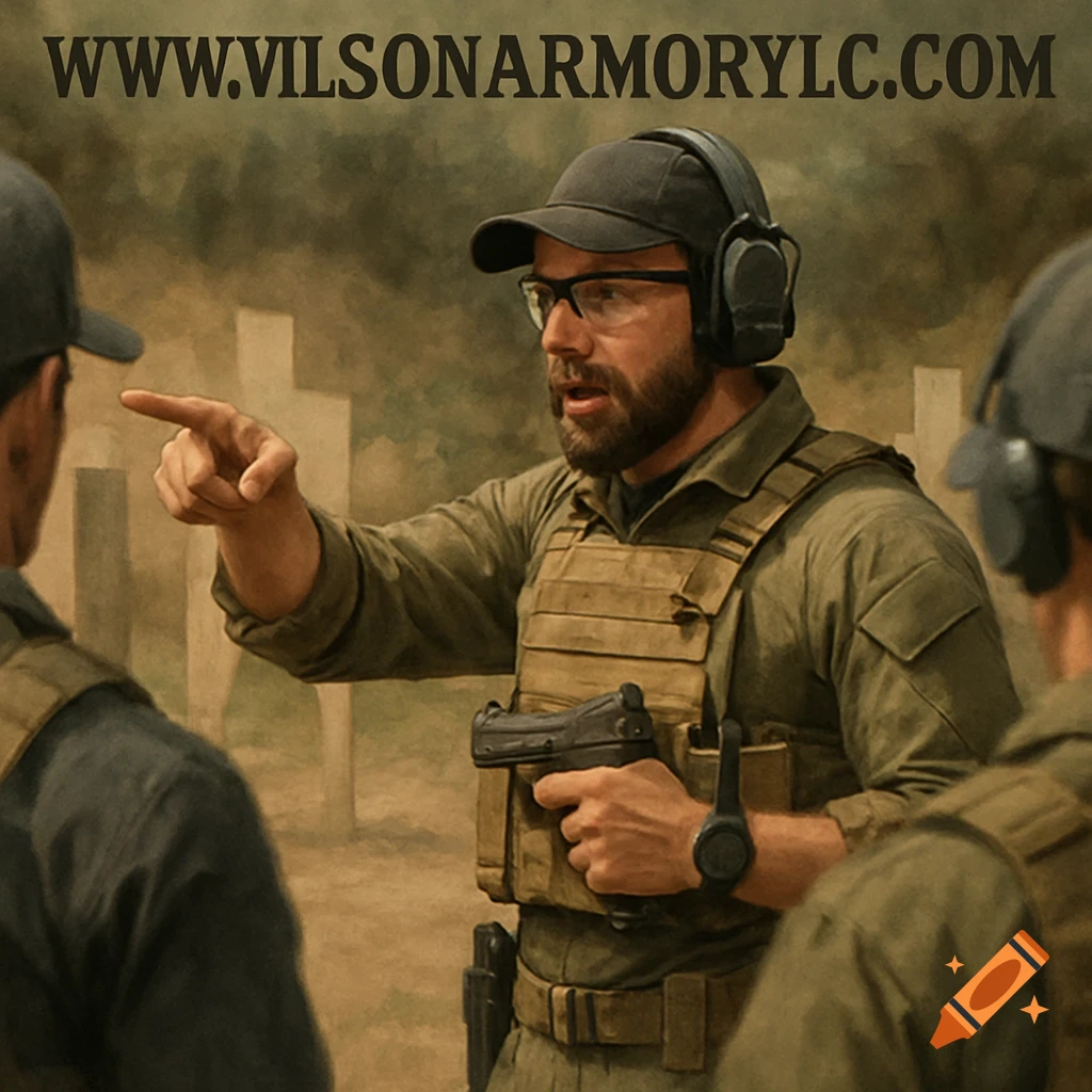Painting of a firearms instructor pointing while teaching students at a shooting range.