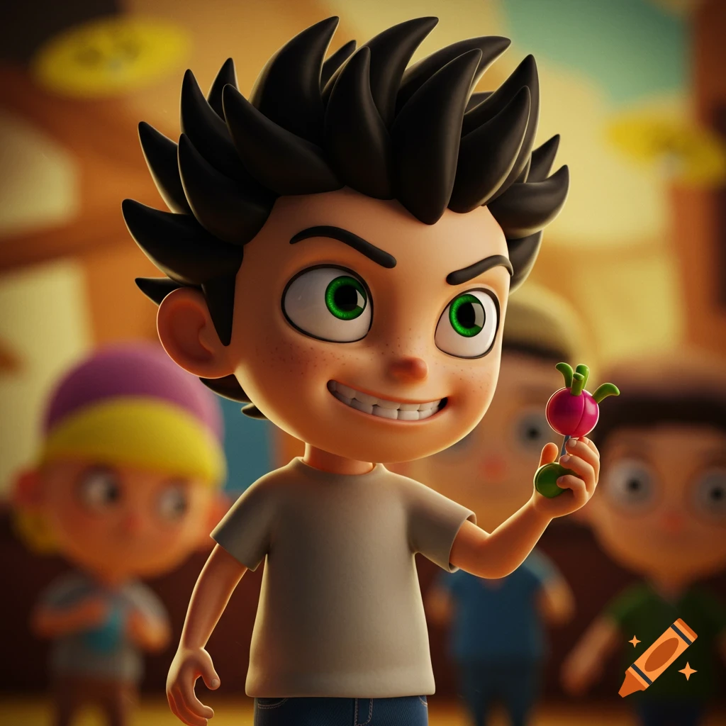 A 3D cartoon image of a boy with spiky black hair holding a small radish.