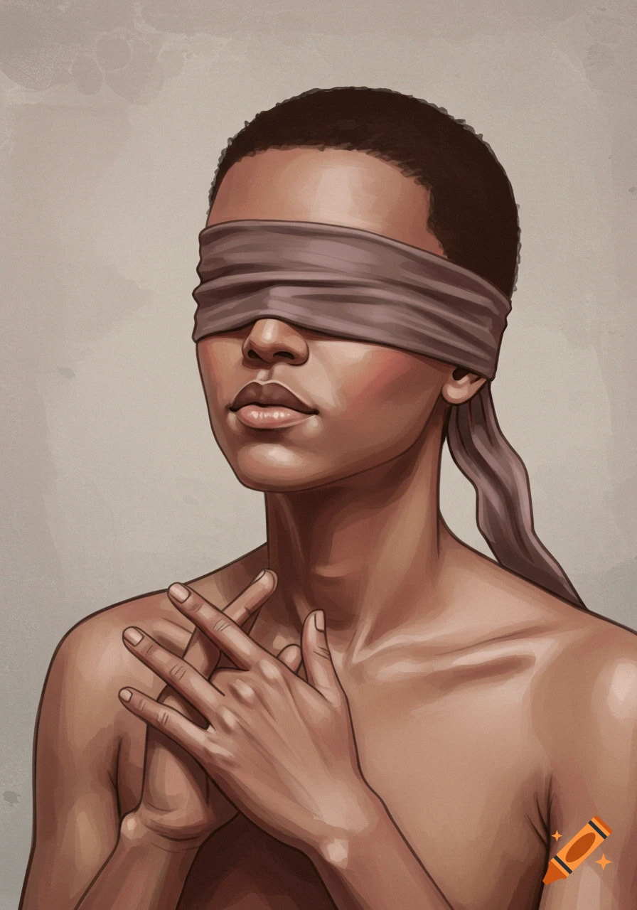 An illustration of a person blindfolded with hands crossed on their chest.