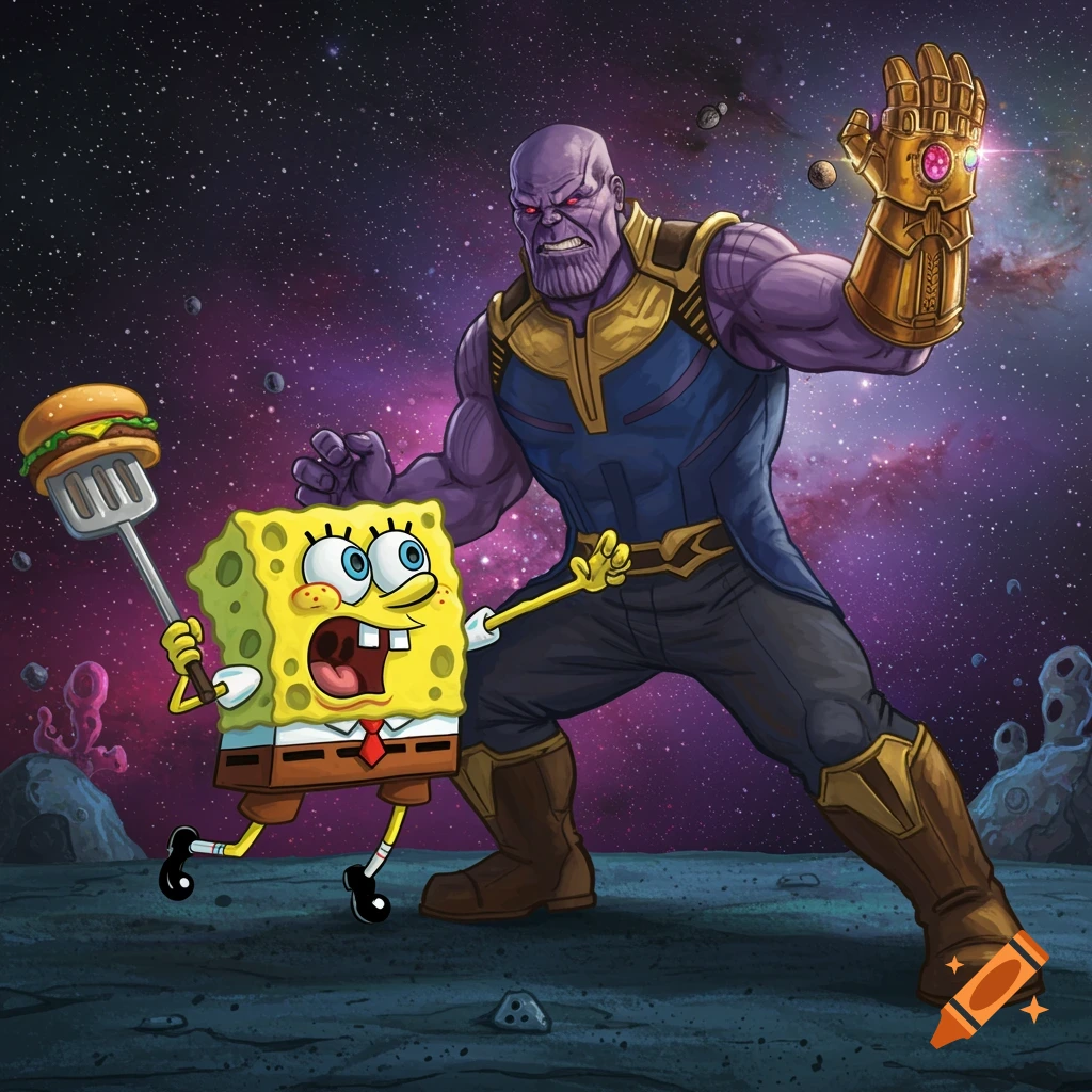 SpongeBob holding a spatula and Krabby Patty confronts Thanos in space.