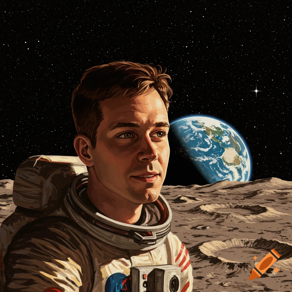 An astronaut stands on the moon looking towards Earth in an illustrative style.