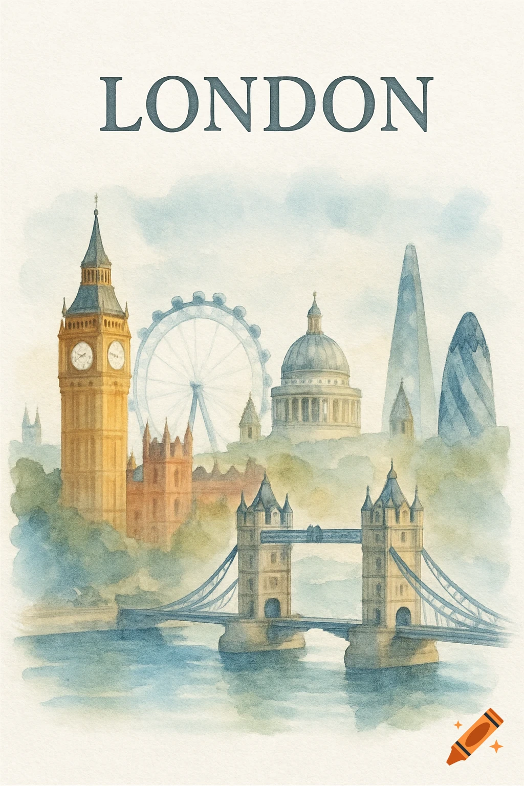 Watercolor painting of London skyline with Big Ben, Tower Bridge, and London Eye.