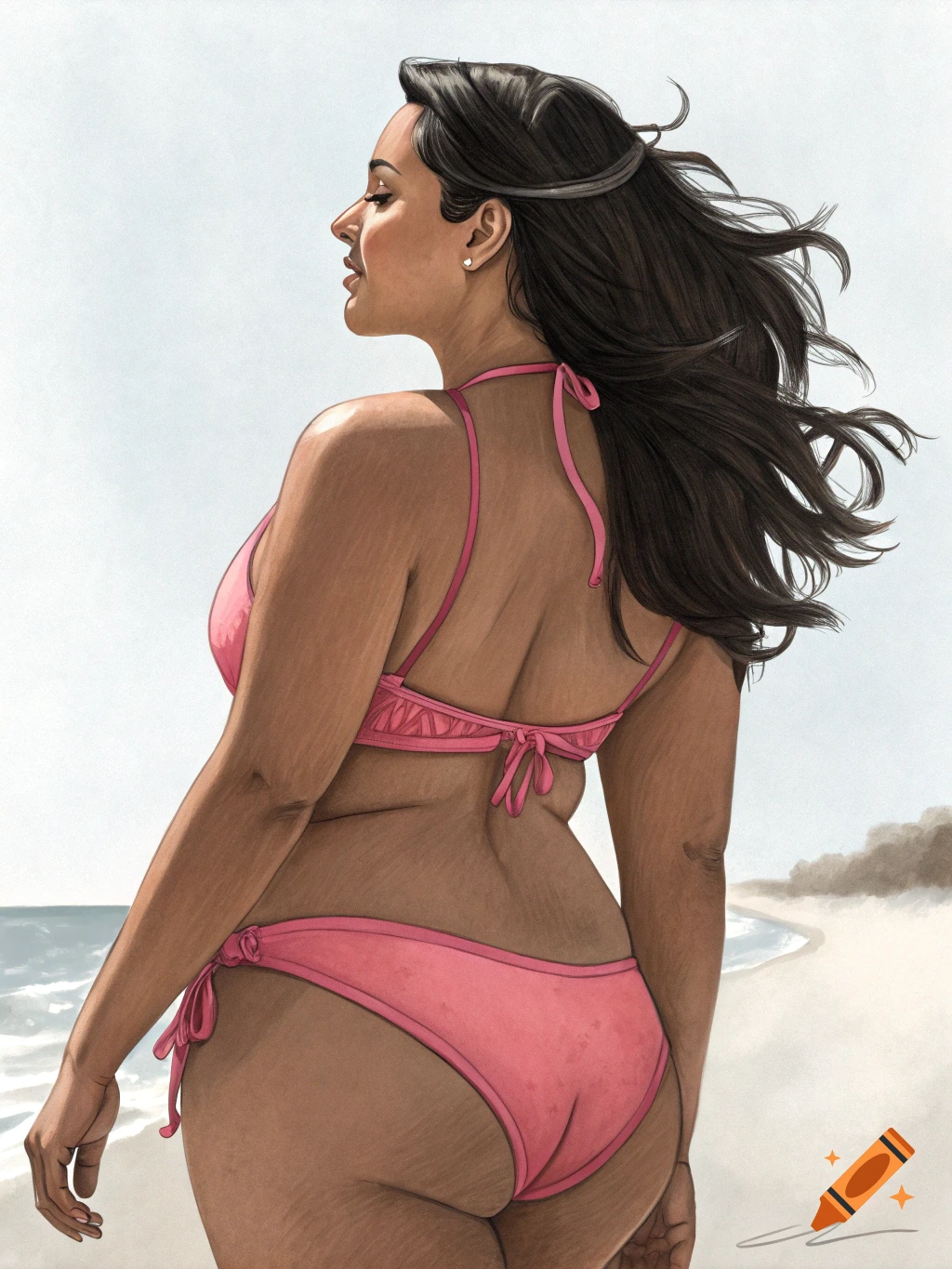Illustrated rear view of a woman in a pink bikini on a beach.