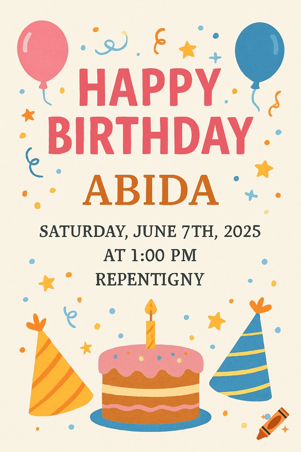 Illustration of a birthday invitation card with balloons, cake, and party hats.