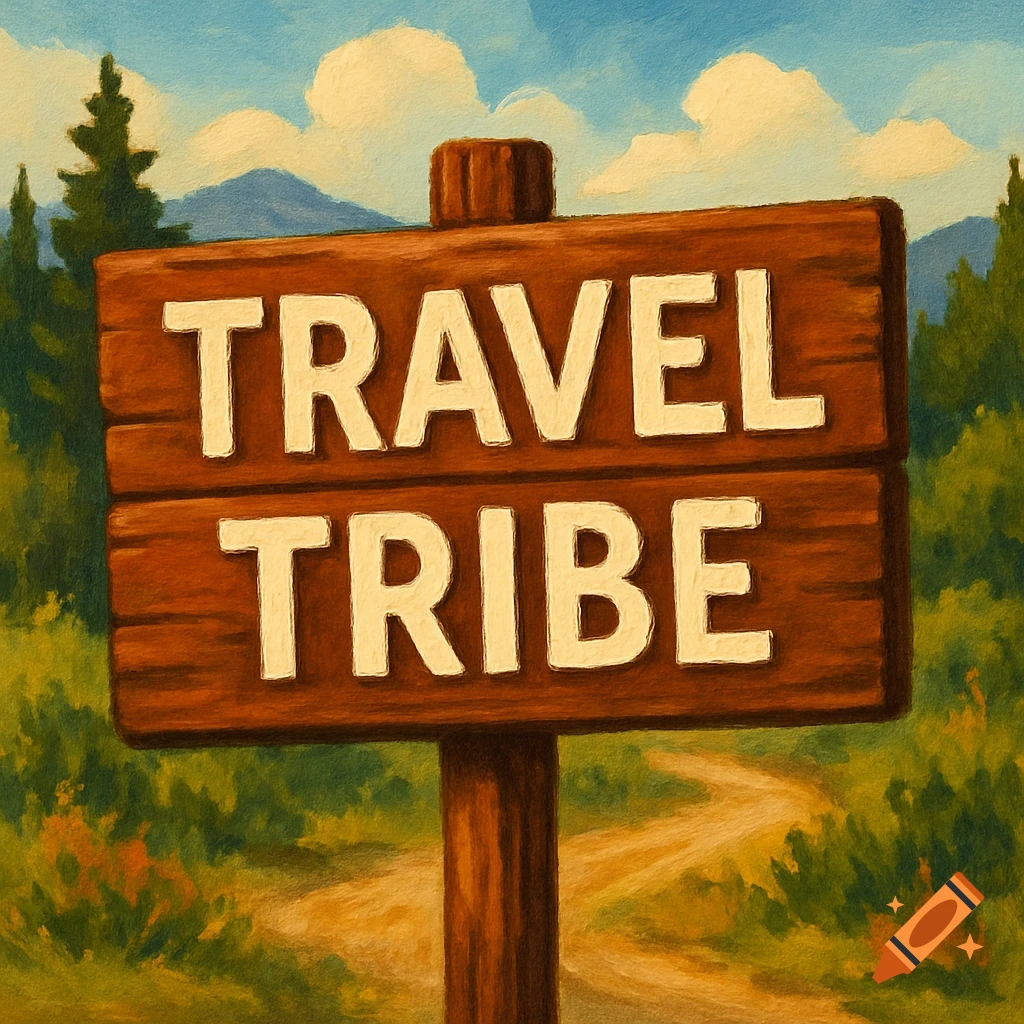 A wooden sign reading "Travel Tribe" stands in a painted landscape with trees, mountains, and a path.