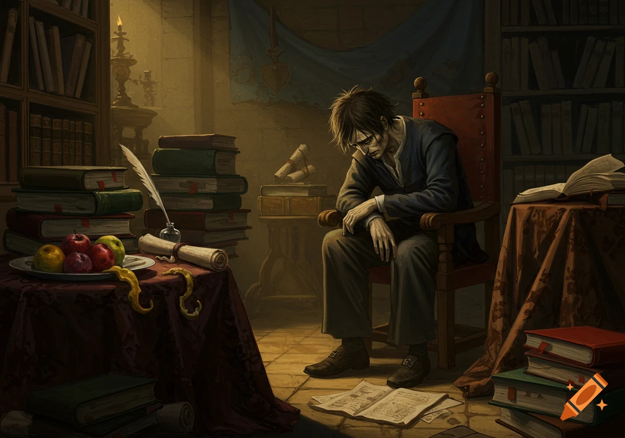 Man sits dejected in a dimly lit library surrounded by books and papers, illustration.
