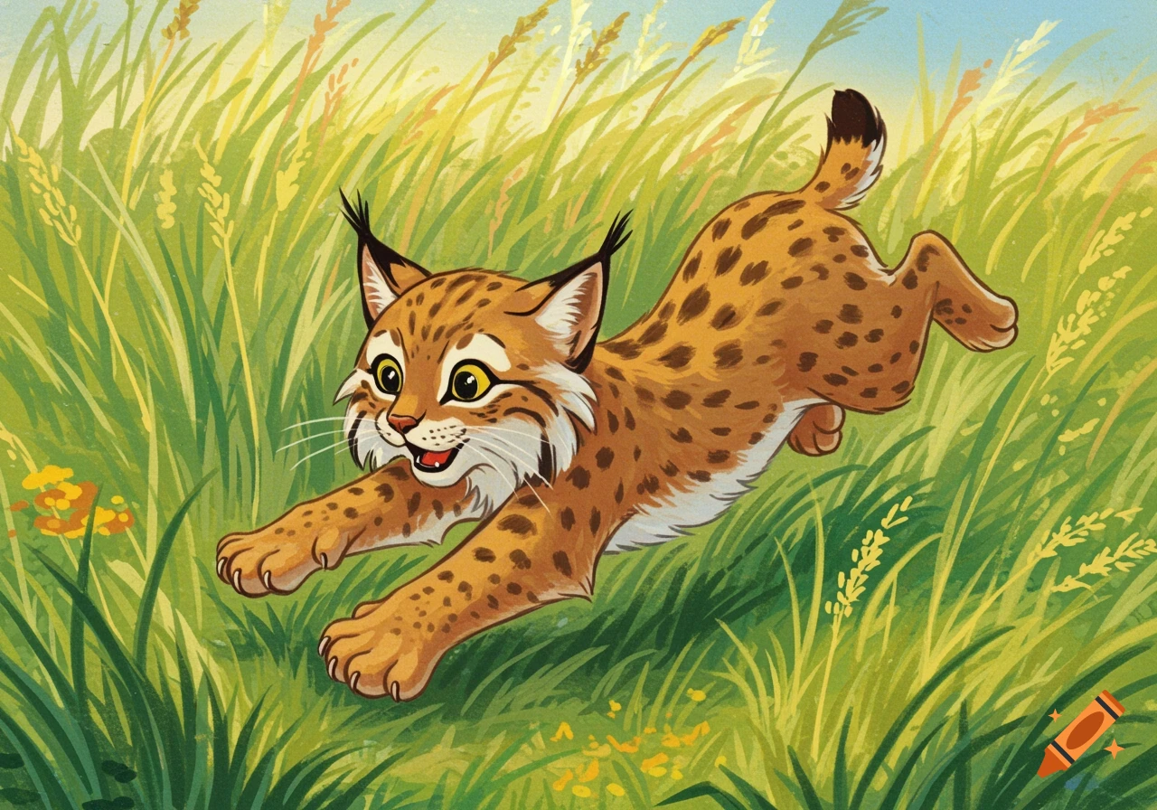 Cartoon illustration of a lynx pouncing through tall grass in a vintage children's book style.