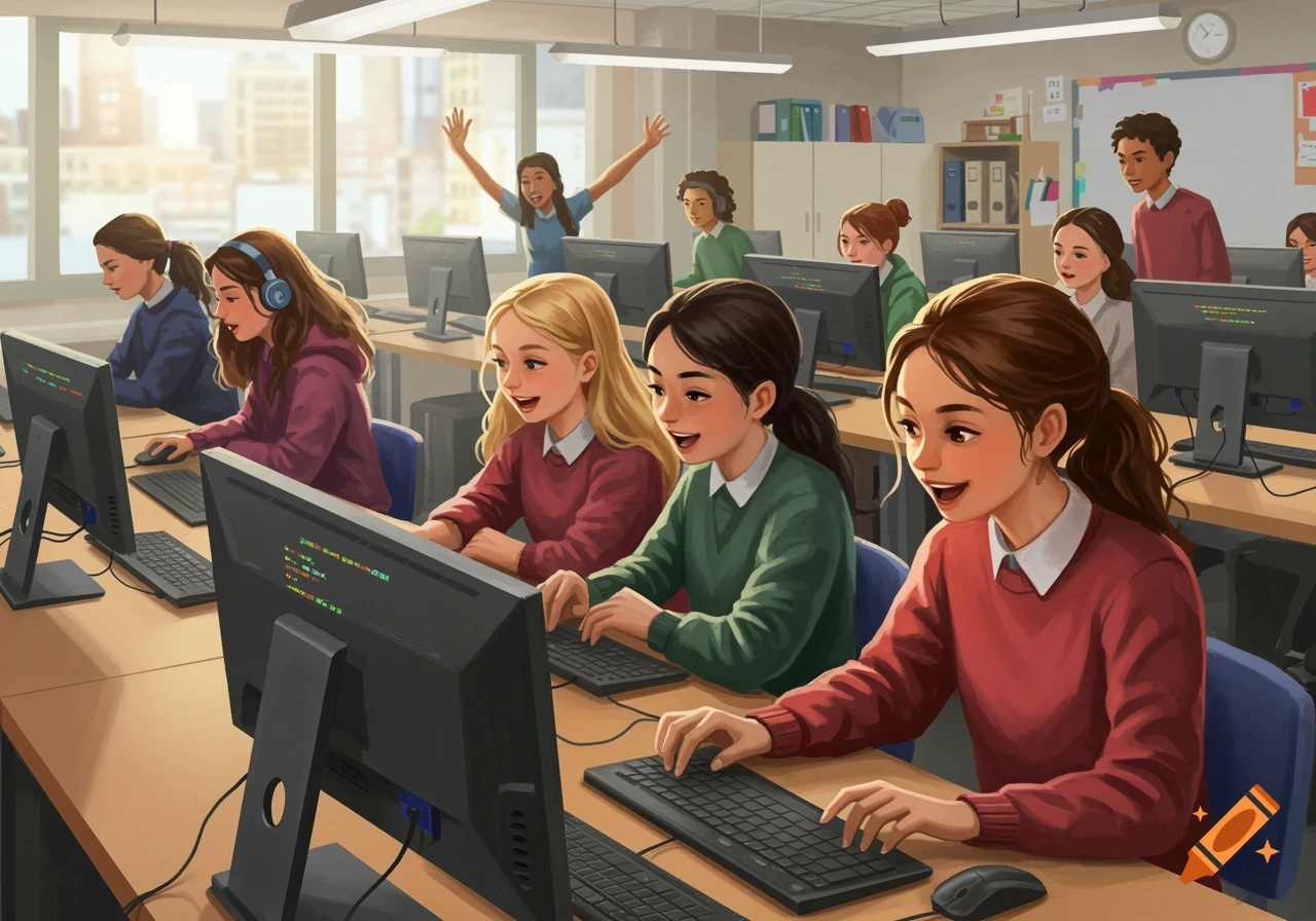 Students sitting at computers in a bright classroom.