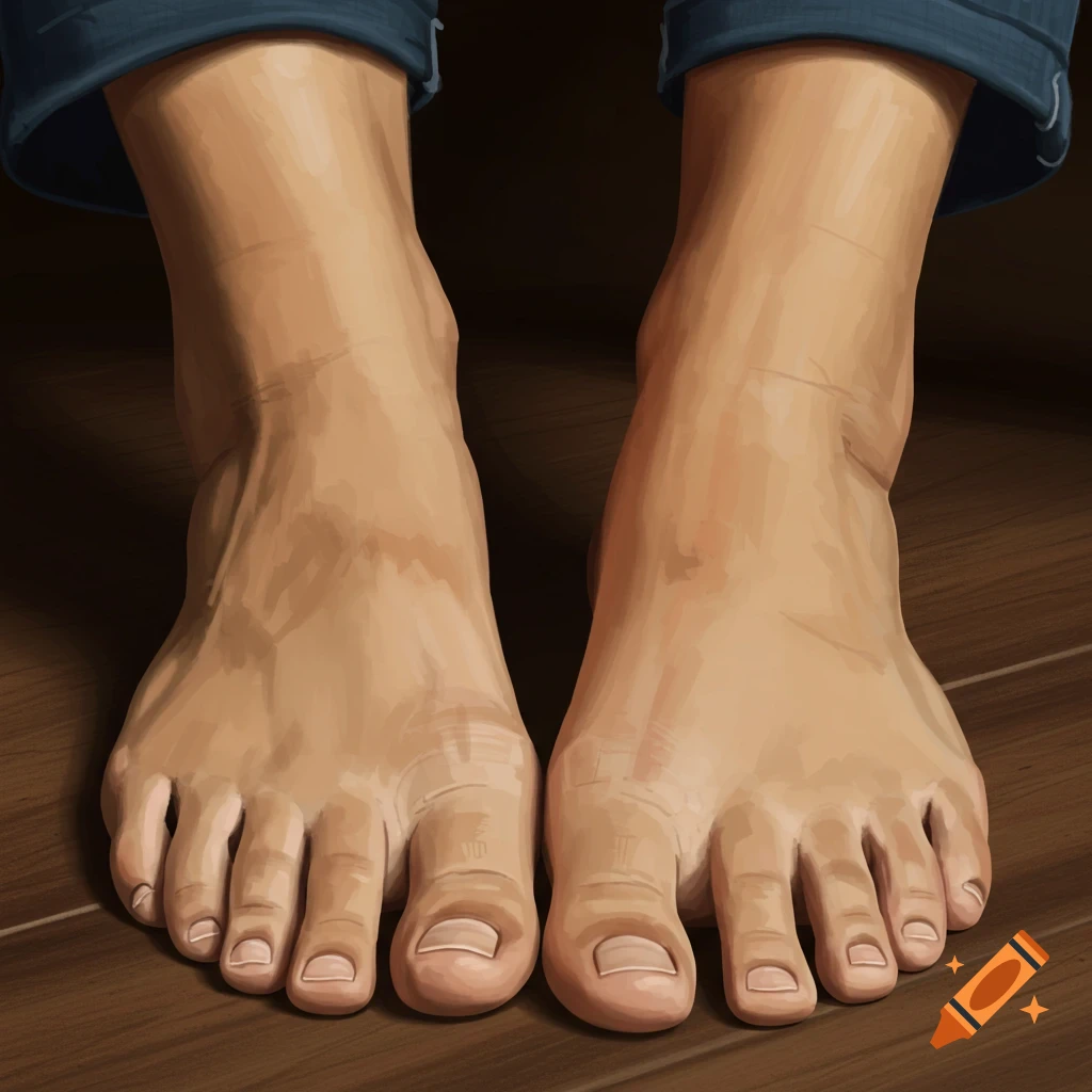 A close-up painting of two human feet on a wooden floor.