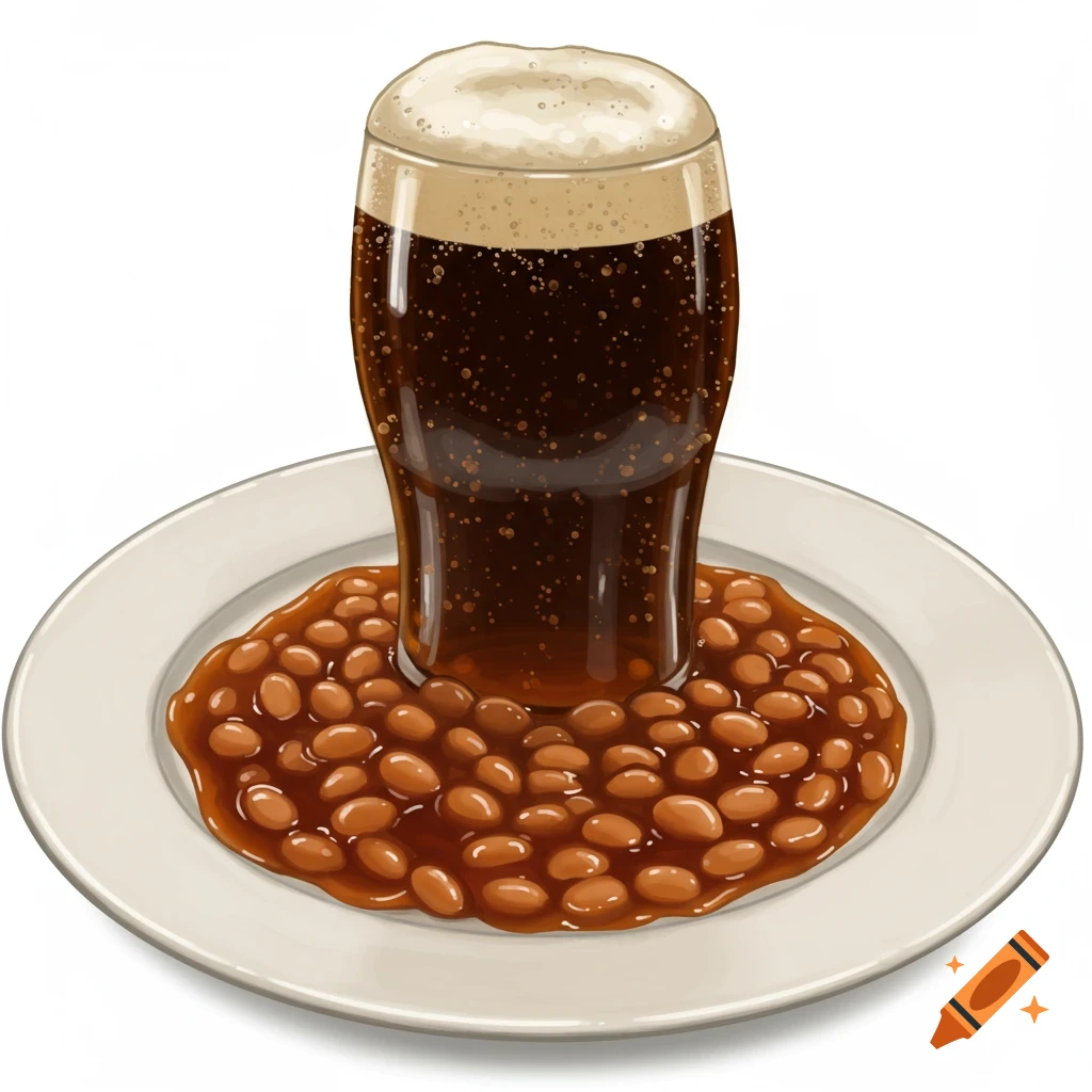 Illustration of a glass of dark liquid on a plate of baked beans.