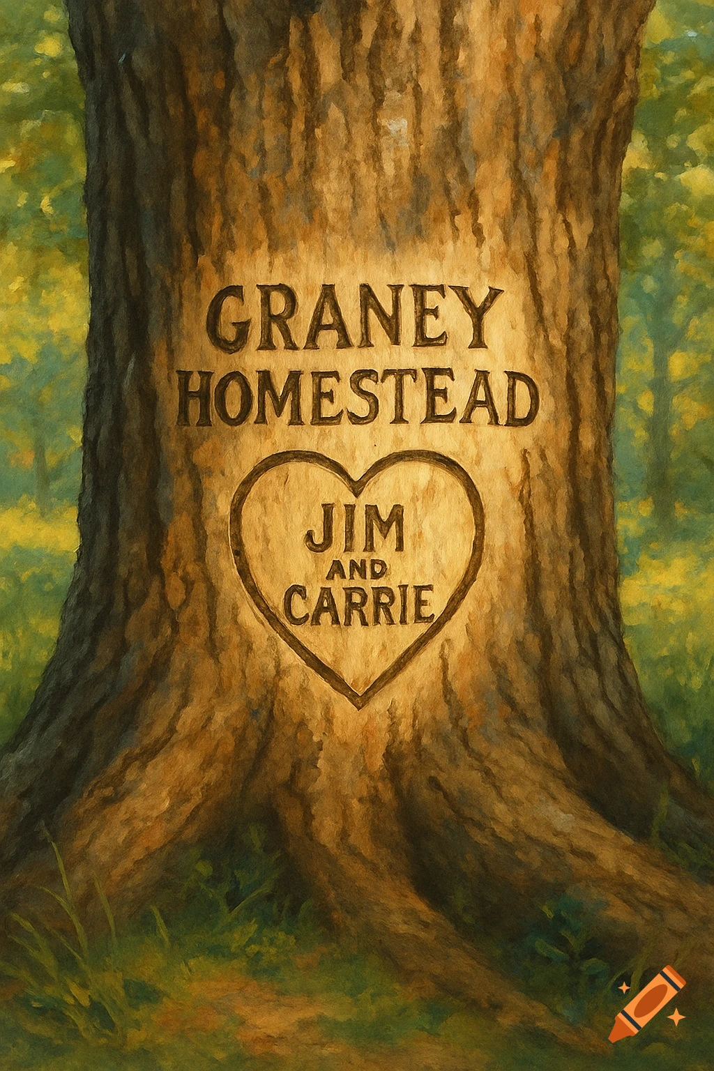 Text and a heart with names carved into a tree trunk in a painting style.