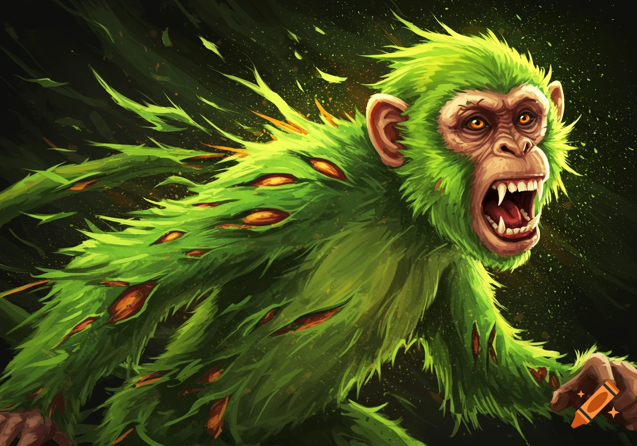 Stylized green monkey with sharp teeth and eye-like wounds in its fur